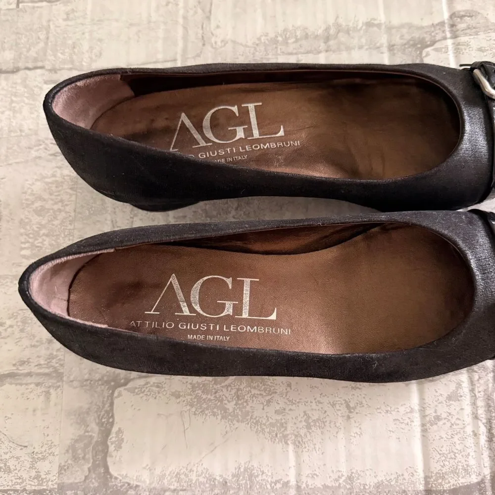 AGL Attilio Giusti Leombruni Black Patent Cap Toe Pumps Leather Pumps Sz 38.5
